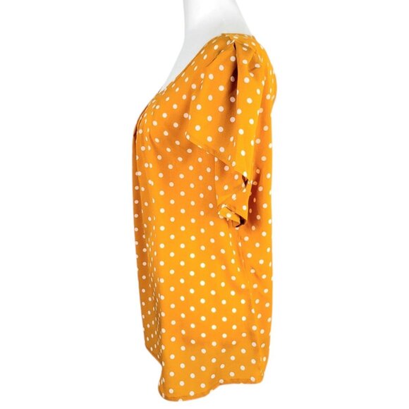 Women's Plus 2X Yellow Polka Dot Flutter Sleeve Blouse - Round Tiered Neckline - Picture 4 of 12